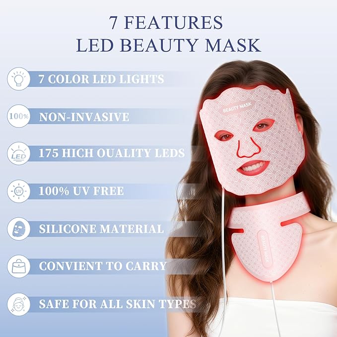 LED light therapy mask, Red Light Therapy for Face & Neck, 7 Colors Led Face and Neck Mask, can USB Charging with Controller, Firming and Sooth for Home Working Travel Yoga