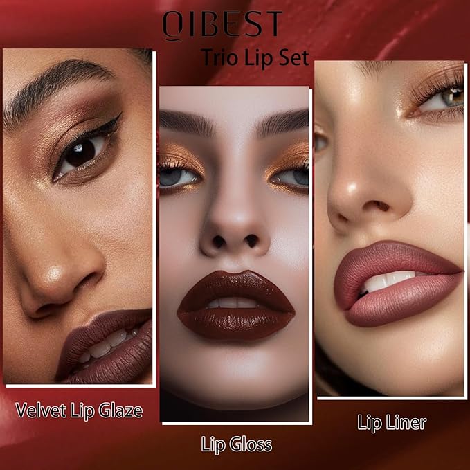 QiBest 3-in-1 Dark Red Lipstick Set for Women & Teen Girls, Matte Liquid Lipstick + Lip Gloss + Gel Lip Liner Pencil Trio Lip Gift Kit for 24 Hours Long Lasting & Waterproof Lip Makeup (Hot Chocolate)
