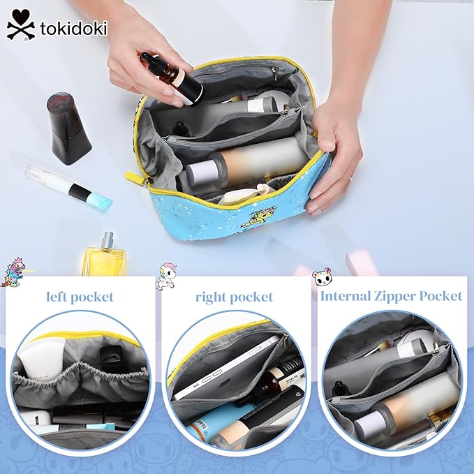 Tokidoki Makeup Bag for Women, Large Capacity Cosmetic Organizer & Toiletry Pouch with Handle, Official Licensed Unicorno Travel Cartoon Portable Makeup Case