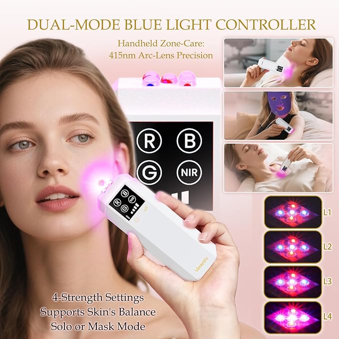 Red Light Therapy for Face, LED Facial Mask, Skin Care Light with Near Infrared 850nm & Adjustable Blue Light, Portable Home Device with 7 Colors & 8 Modes, 432 Beads Pro LEDs (Purple-F)