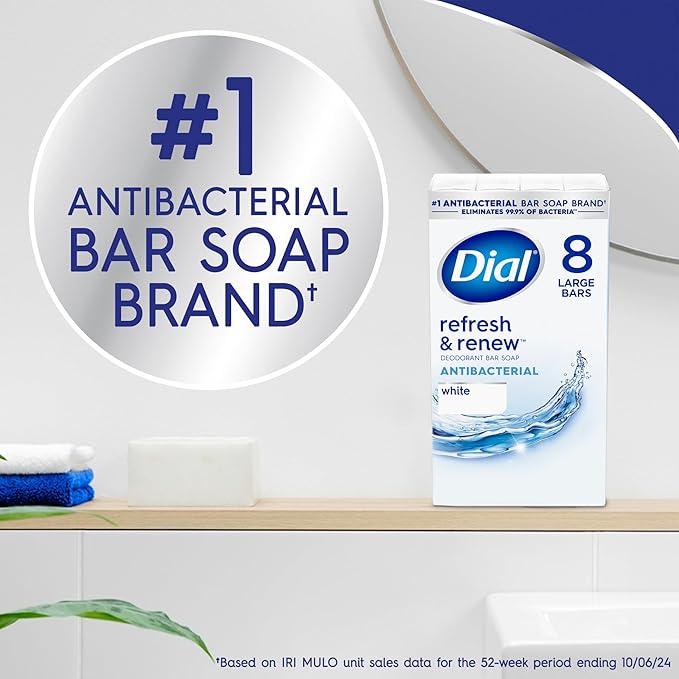 Dial Antibacterial Bar Soap, Refresh & Renew, White, 4 oz, 32 Bars