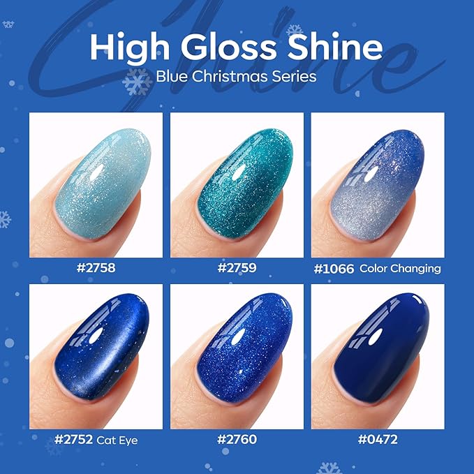 modelones Blue Gel Nail Polish Set, 6 Colors Winter Cat Eye Glitter Color Changing Chameleon Gel Polish Kit with Magnet Snow Stickers Soak Off Led Nail Art Manicure Salon DIY New Year Holiday Gifts