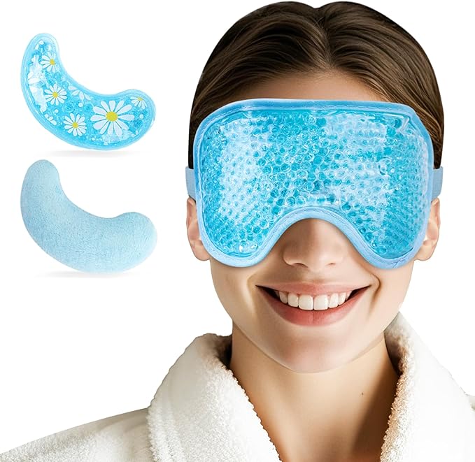 NEWGO Cooling Eye Mask for Puffy Eyes, Cold Eye Mask Eye Ice Pack for After Eyes Surgery, Tension Stress Relief, Itchy Eyes, Headaches, Dark Circles - Blue (1 Set Eye Pad and Eye Mask)