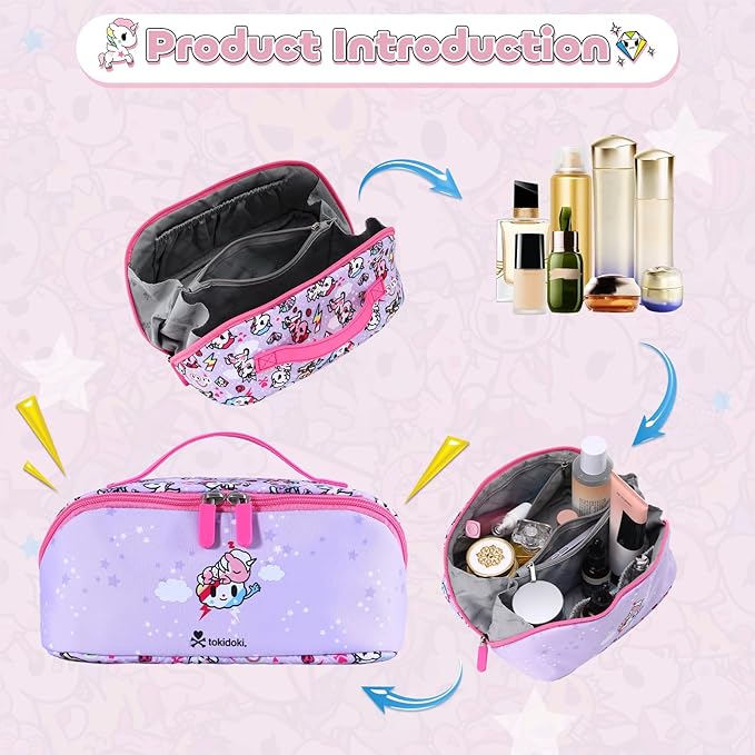 Tokidoki Makeup Bag for Women, Large Capacity Cosmetic Organizer & Toiletry Pouch with Handle, Official Licensed Unicorno Travel Cartoon Portable Makeup Case
