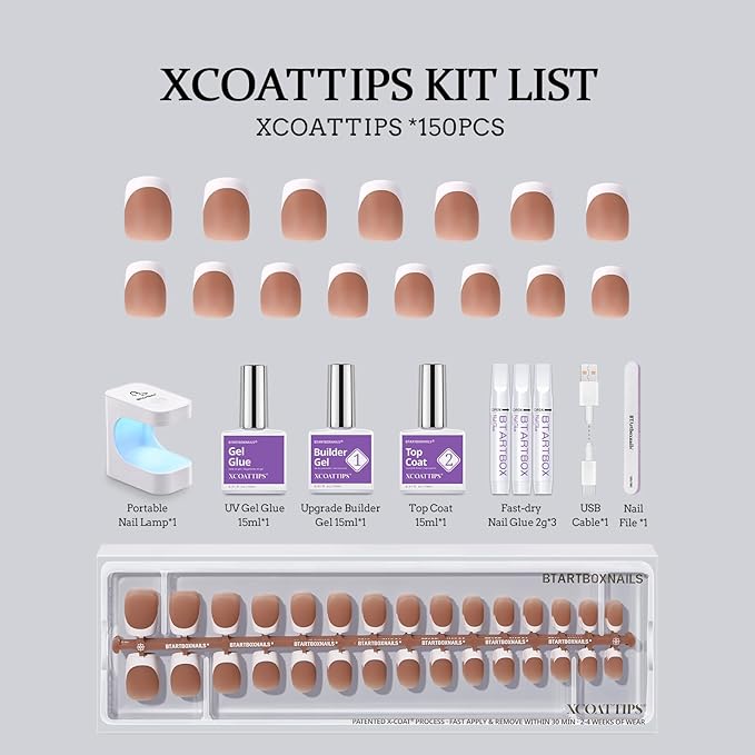 BTArtboxnails French Gel Nail Kit - French Tip Press on Nails Brown Extra Short Square XCOATTIPS Fake Nails for Nail Art DIY