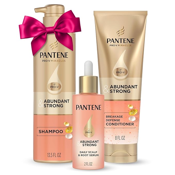 Pantene Abundant & Strong 3-Piece Regimen with B5 Complex + Niacinamide, Shampoo (13.5 oz), Conditioner (8 oz), Serum (2 oz) for Hair Loss, Thinning, Anti-Breakage, Volume - Grows Healthier