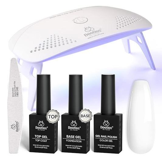 Beetles White Gel Nail Polish Kit with U V Light, 5 Pcs Gel Polish Starter Kit with Base & Top Coat and Nail File for Beginners Soak Off White DIY Art Set Manicure Gifts for Women Girls Teens