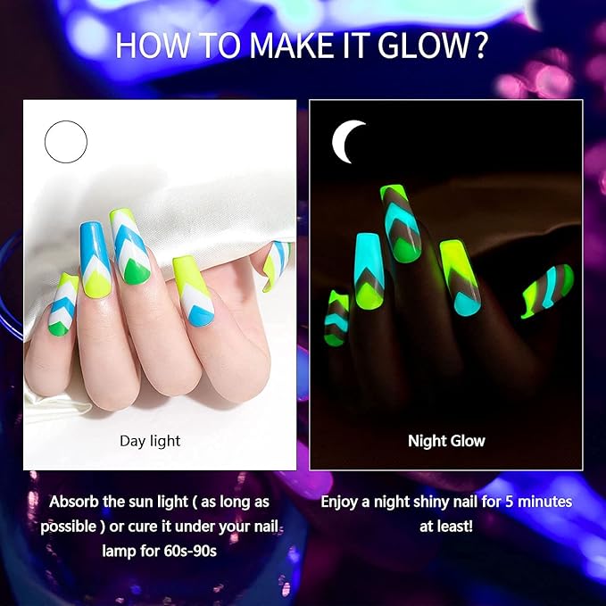 RARJSM Nail Art Gel Set, Glow In The Dark Gel Liner Nail Art Polish Luminous Design Nailpolish Neon Fluorescent Drawing Painting NailArt Polish Neon Colors