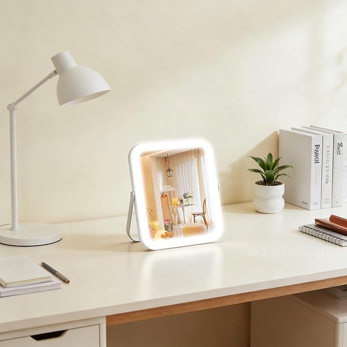 ROLOVE Travel Makeup Mirror with Lights, 8x10 Inch Aluminum LED Vanity Mirror, Rechargeable Portable Mirror for Desk & Travel Essentials, Light Up Mirror with Stand, Dimmable Touch Screen
