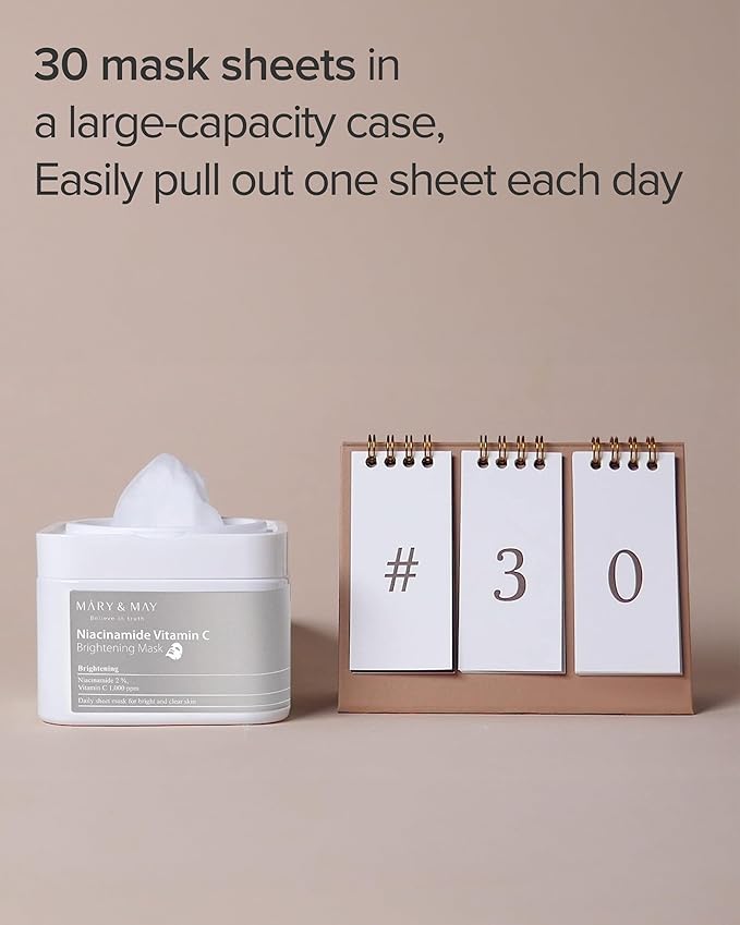 Mary&May Niacinamide Vitamin C Mask (30 Sheets) - Korean Face Mask for Glowing Skin - Daily Sheet Mask for Dark Spots & Dullness - Fragrance-Free, 13.52 fl.oz