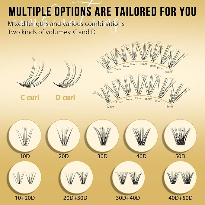 QUEWEL Lash Clusters 320Pcs Cluster Lashes 10D D Curl Lash Cluster Eyelash Extensions Mix12-18mm Individual Eyelashes Clusters Wispy Lash Clusters Thin Band Soft to Use at Home(10D D Mix12-18)