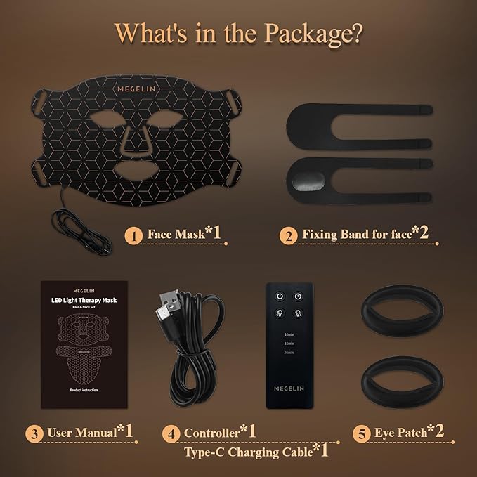 MEGELIN 7 Colors Led Light Therapy Facial Mask, Face Light Therapy Mask for Face, Reduce Wrinkles Smooth Skin, Infrared Light Skin Rejuvenation(Black)