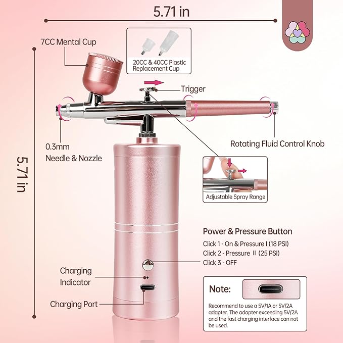 SAVILAND Super-Stable Airbrush Kit: 25 PSI Precision Airbrush for Nails Recharge Dual-Mode Airbrush Gun 0.3mm Nozzle Airbrush Machine Makeup Protable Airbrush Gel Nail Ombre French Paint Nail Art