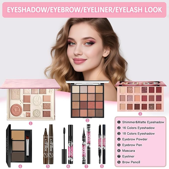 All in One Makeup Kit Makeup Set for Women Full Kit, Make Up Gift Set for Women Teens Girls, Makeup Essential Bundle Includes Eyeshadow Foundation Lipsticks Mascara Eyeliner Cosmetic Brush Set