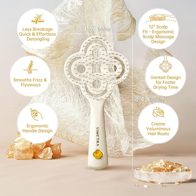 Simetra Detangler Hair Brush for Women and Men, Original Detangling Brush for Curly Hair/Fine &Thick/Wet & Dry Hair, Holiday Present Hairbrush - Natural Crystal Inlay & 14K Gold Plating