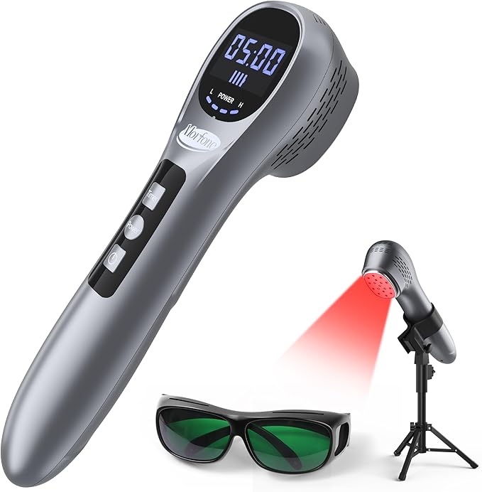 Morfone Handheld Red Light Therapy Device - Infrared Light 5 x 808nm + 12 x 650nm, Wireless Cold Infrared Red Light Wand with Stand & Glasses for Home Use, Gift Idea, Grey