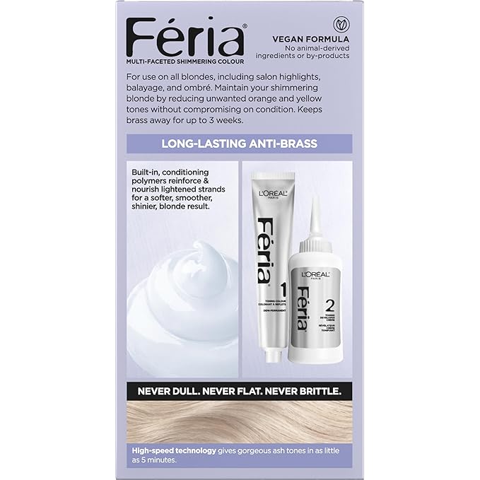 L'Oreal Paris Feria Long-Lasting Anti Brass Power Hair Toner, Ammonia Free Demi Permanent Hair Color, Ice Blonde Hair Toner, 1 Application