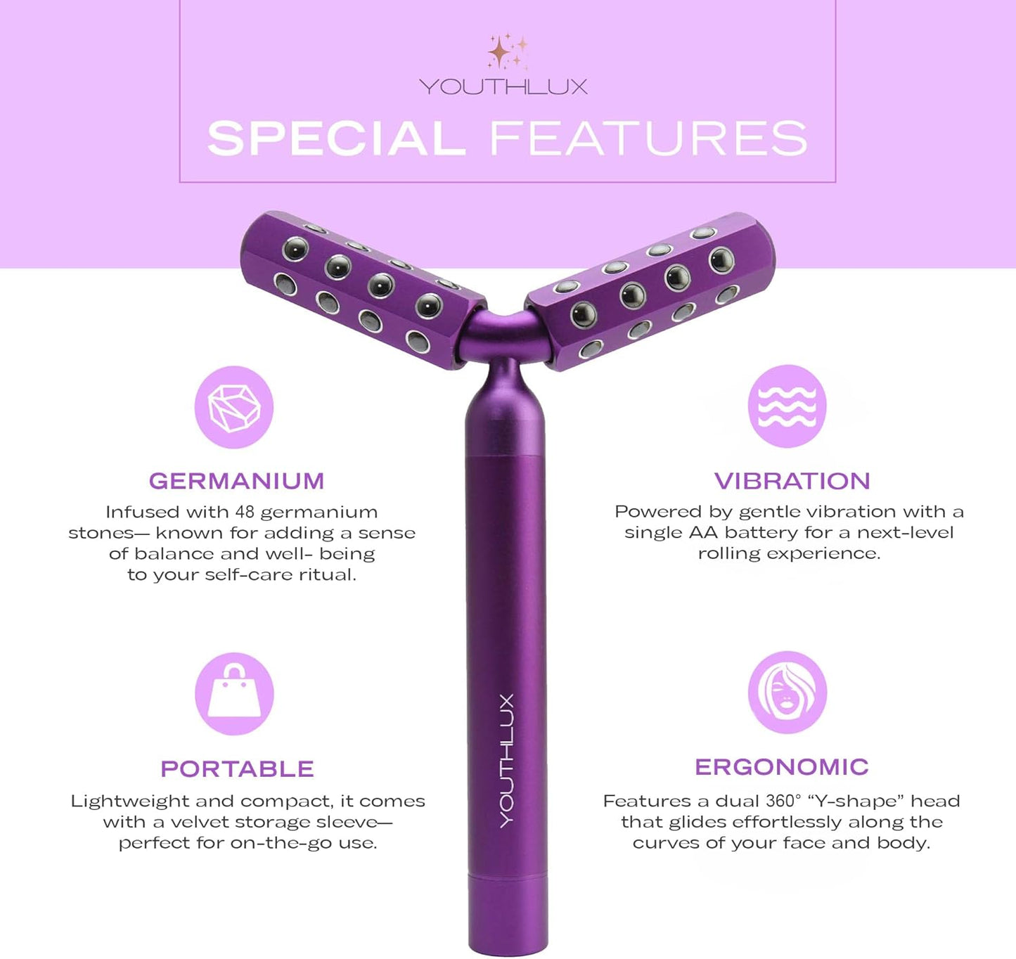 Revolution Roller - Germanium Stone Uplifting Face/Body Beauty Massage Tool/Roller/Wand for Skin Tightening/Firming, De-Puffing, Anti-Aging (Purple)