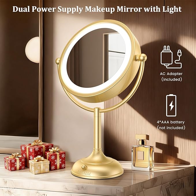 VESAUR 8.5'' Large Gold Lighted Makeup Mirror, 1X/10X Clear Seamless Magnifying Mirror, Bright Vanity Mirror with 3 Colors Dimmable Lights, Two-Sided 360°Rotation Stable Base, Luxury Nickel, Gift Box