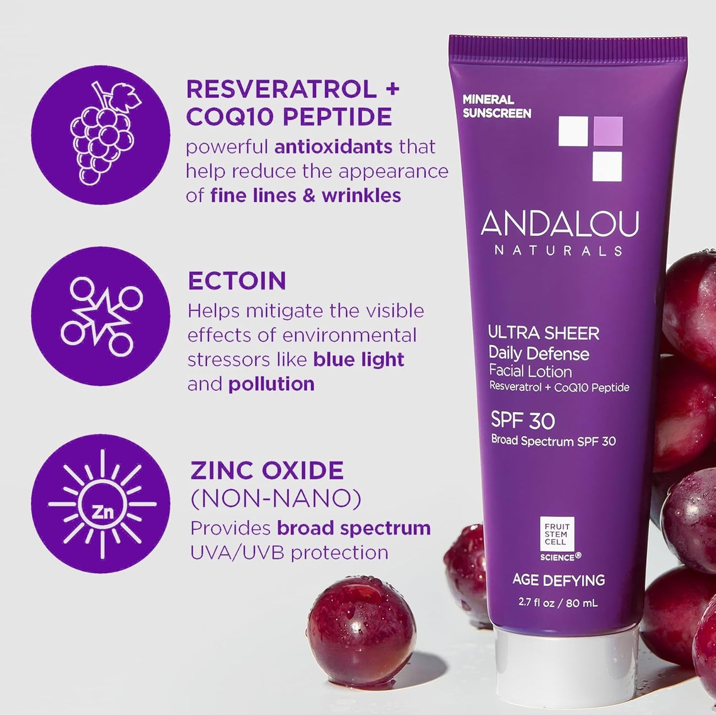 Andalou Naturals Age Defying Ultra Sheer Daily Defense Mineral Sunscreen SPF 30 | Face Lotion with Zinc Oxide | Lightweight Anti-Aging Sun Protection | 2.7 fl oz