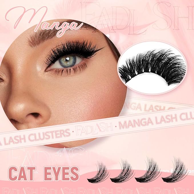 FADLASH Lash Clusters DIY Lash Extensions 100D Eyelash Clusters Cat Eye Cluster Lashes Fluffy Left Right Individual Lashes Cluster Eyelash Extensions Volume 3D Effect (100D-07D, 12-20mm)