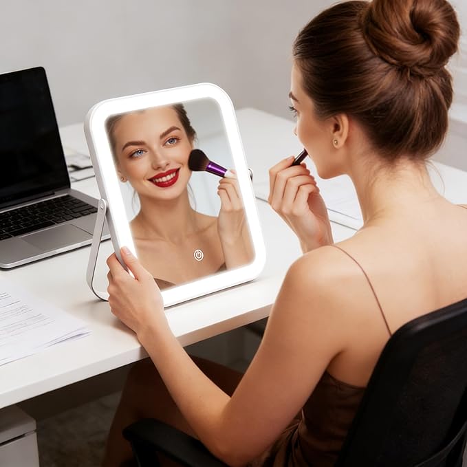 ROLOVE Travel Makeup Mirror with Lights, 8x10 Inch Aluminum LED Vanity Mirror, Rechargeable Portable Mirror for Desk & Travel Essentials, Light Up Mirror with Stand, Dimmable Touch Screen
