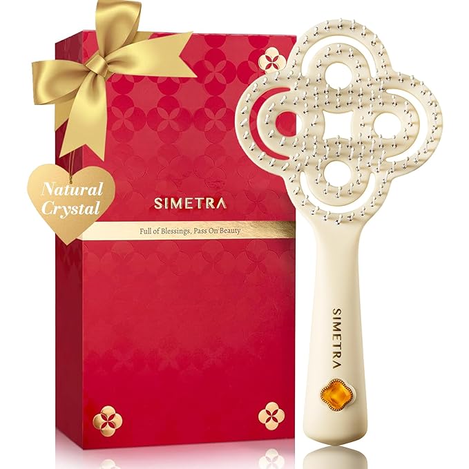 Simetra Detangler Hair Brush for Women and Men, Original Detangling Brush for Curly Hair/Fine &Thick/Wet & Dry Hair, Holiday Present Hairbrush - Natural Crystal Inlay & 14K Gold Plating