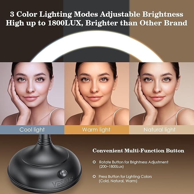 VESAUR Professional 8.5" Lighted Makeup Mirror, 1X/10X Double Sided HD Undistorted Magnifying Mirror with 3 Color 90 Dimmable LED lights, 360° Rotation Vanity Mirror, Unique Black Nickel with Gift Box