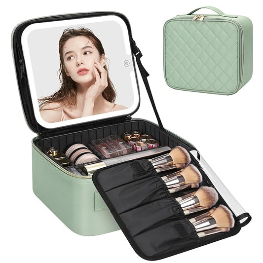 Relavel Travel Makeup Bag With LED Mirror, Portable Cosmetic Organizer Bag with Adjustable Brightness in 3 Color Scenarios, Small Train Case with Detachable Dividers for Trip- Green
