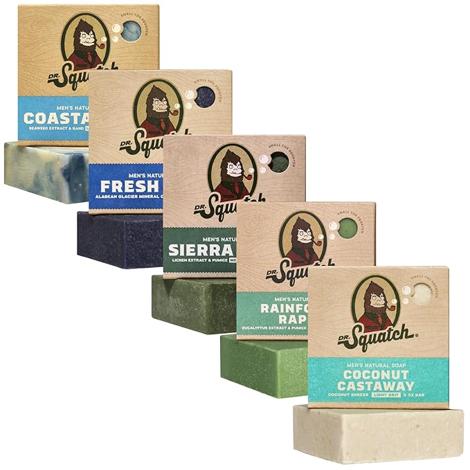 Dr. Squatch Natural Men’s Bar Soap - Cold Process Body Soap Bar with Natural Oils - Gifts for Men - Coastal Mist, Fresh Falls, Sierra Storm, Rainforest Rapids, Coconut Castaway (5 Pack)