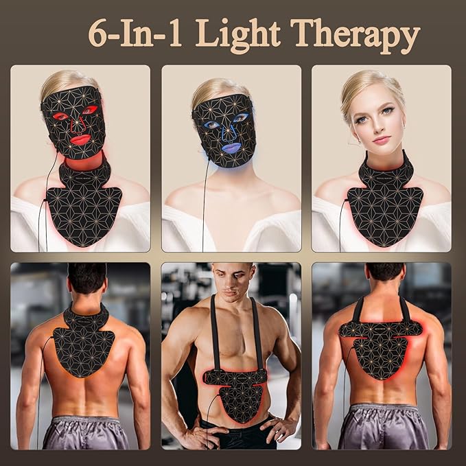 Red Light Therapy for Face and Neck, 8 Colors LED Face Mask Light Therapy with 850NM Near Infrared, 3000 mAh Rechargeable 6-In-1 Red Light Therapy Mask Set Skin Care Device for Skin Rejuvenation