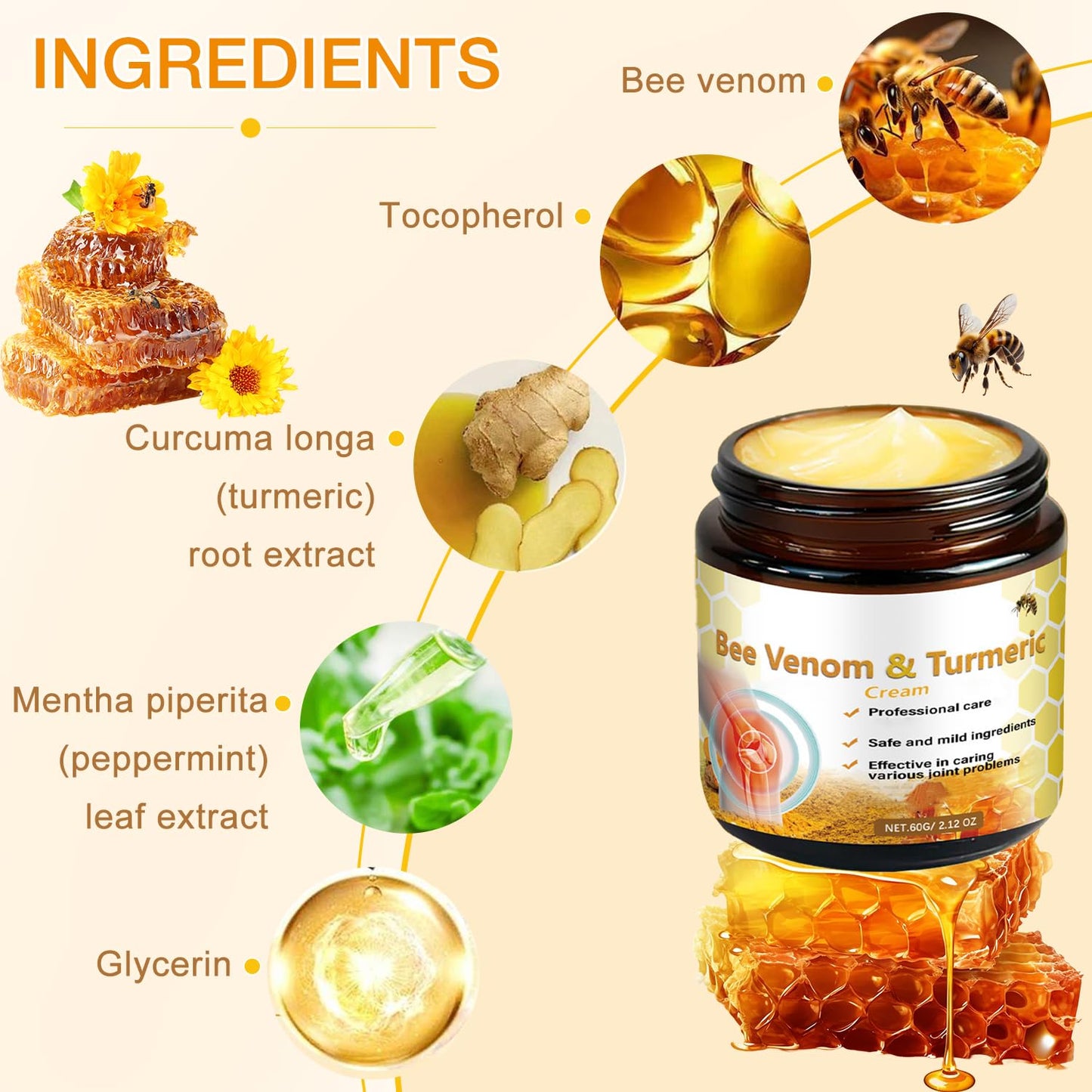 2Pcs Professional Bee Venom Joint,Bee Venom & Turmeric Cream,Natural Bee Venom Cream,Effective for The Back,Waist,Neck,Hands,Knees