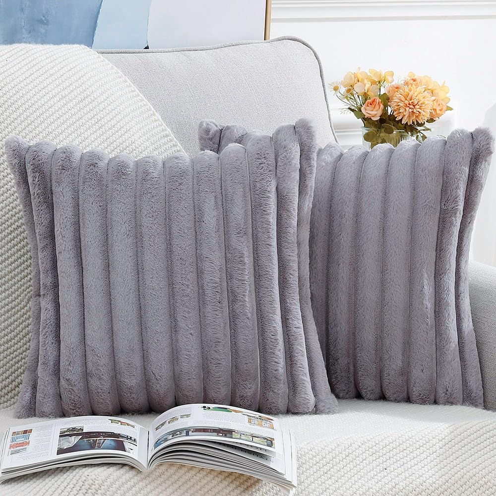 MADIZZ Set of 2 Faux Wool Plush Decorative Throw Pillow Covers 26x26 Inch Grey Fluffy Striped Soft Decorative Cushion Cover for Sofa Bedroom Pillow Shell