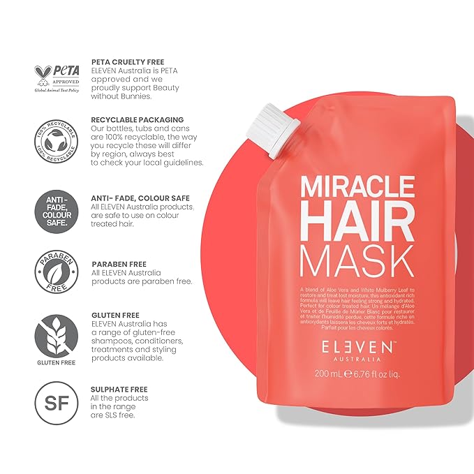 ELEVEN AUSTRALIA Miracle Hair Mask for Dry Damaged Hair - Deep Conditioning Treatment for Men & Women, Restores Moisture & Helps Damage, Hydrating & Moisturizing, Nourishing Formula - 6.8 fl oz