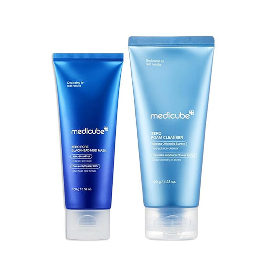 medicube Home Care Duo for Flawless Skin: Zero Pore Blackhead Mud Facial Mask and Zero Foam Cleanser for Sensitive Skin
