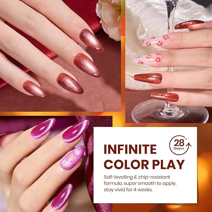 Beetles Gel Nail Polish Set – Opulent Glow Cat Eye Gel Polish, 20 Colors Red Orange Yellow Glitter Brown, Soak Off UV LED with Base Glossy Matte Top Coat for DIY Manicure Gift for Women