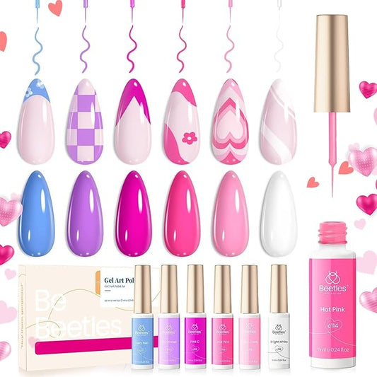 beetles 6 Colors Nail Art Gel Liner White Pink Summer Blue Red Gel Nail Polish Painted Soak Off Uv Lamp Art Nails for Thin French Line Nails Drawing Stripe DIY Manicure Gifts for Women