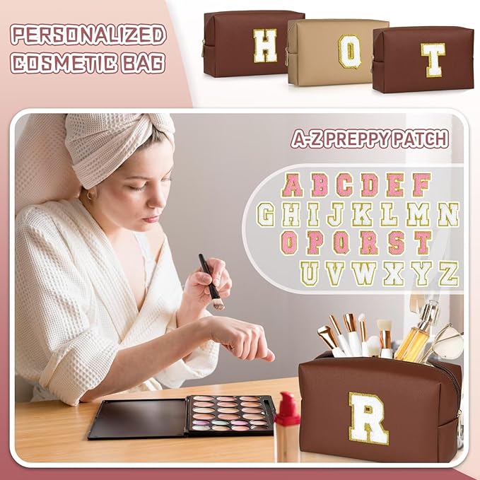 TOPEAST Preppy Stuff for Girls, Initial Makeup Bag Chenille Letter Pouch Cosmetic Bag with Zipper, PU Leather Waterproof Toiletry Bag, Cute Stuff Birthday Gift for Friends Sister (Brown T)