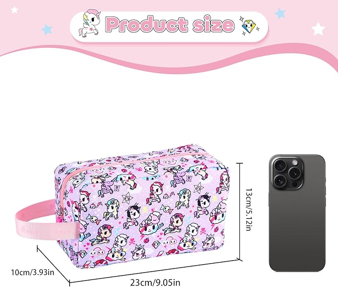 Tokidoki Makeup Bag for Women, Large Capacity Cosmetic Organizer & Toiletry Pouch with Handle, Official Licensed Unicorno Travel Cartoon Portable Makeup Case