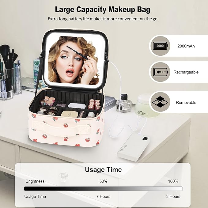Relavel Travel Makeup Bag with LED Mirror, Portable Cosmetic Train Case with 3 Color Lighted Brightness Mirror, Makeup Artist Organizer Storage with Adjustable Dividers Make Up Box - White Strawberry
