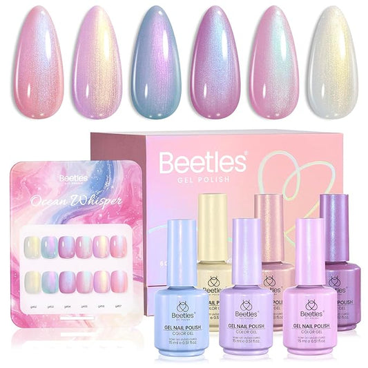 beetles Pearl Gel Polish Set - Ocean Whisper Collection, 15ml Shimmer White Pink Purple Mermaid Nail Swirl Shell Thread Polish Soak Off Uv Gel Polish Effect DIY Manicure Gift for Women