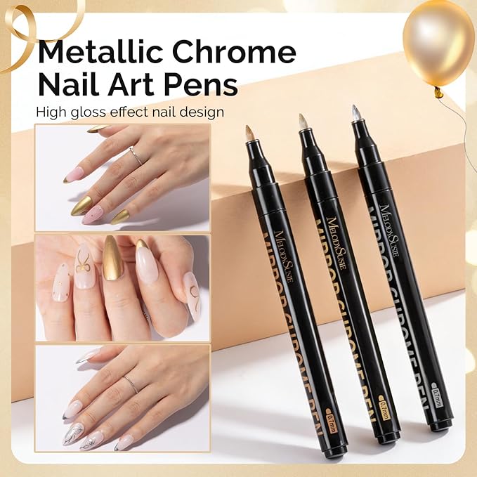 MelodySusie Nail Art Pens Set, 3PCS 0.7MM Chrome Metallic Colors Nail Polish Pens for Nail Art, Nail Dotting Tool, Drawing Pen for Nail Design, Manicure Nail Pens for Salon and Home DIY