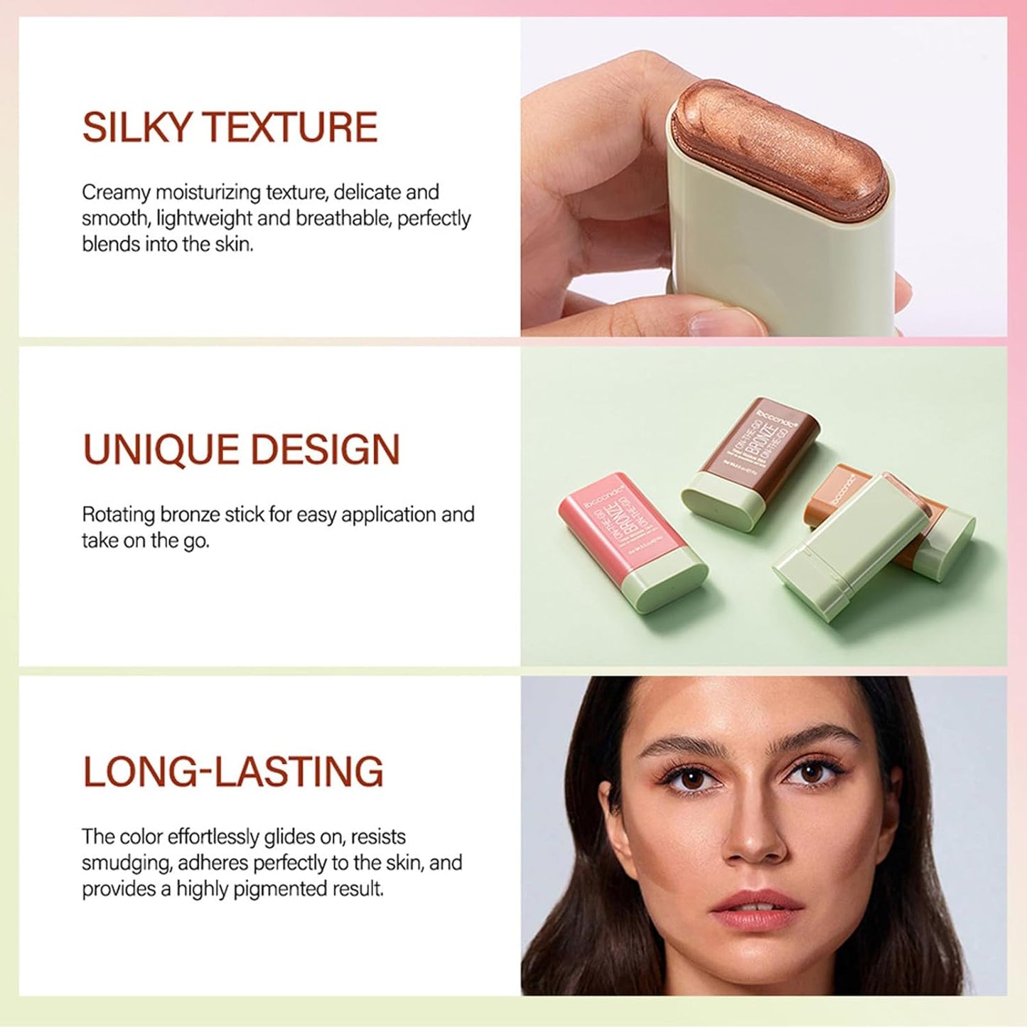 On-The-Go Bronzer Stick,Multi-Use Cream Contour Stick,Natural Long Lasting Face Bronzer,Smooth Highlighter Contour Stick,Bronze Contour Makeup Facial Shaping,01 Warm Glow