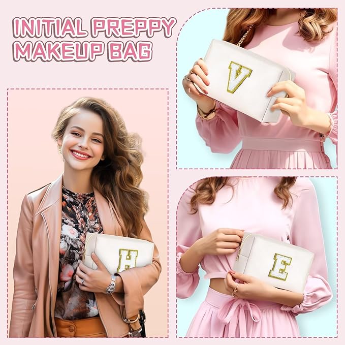 TOPEAST Initial Cosmetic Bag, PU Leather Waterproof Travel Toiletry Bag, Monogrammed Gifts for Women, Personalized Birthday Gift for Sister Friends, Cute Stuff for Girls (White K)