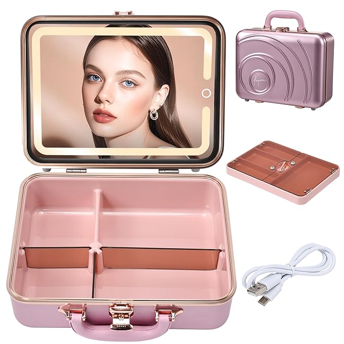 Travel Makeup Case with LED Lighted Mirror 12 Inch Portable Makeup Box Organizer Adjustable Brightness in 3 Colors Cosmetic Storage Case with Dividers Hard Aluminum Shell Vanity Box Pink