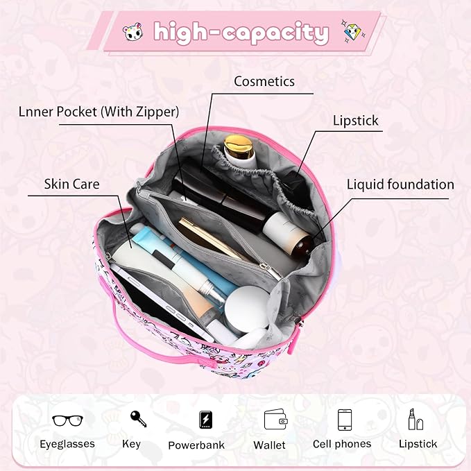 Tokidoki Makeup Bag for Women, Large Capacity Cosmetic Organizer & Toiletry Pouch with Handle, Official Licensed Unicorno Travel Cartoon Portable Makeup Case