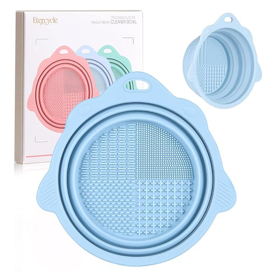 Foldable Silicone Makeup Brush Cleaner Bowl - Etercycle Portable Cleaning Tool for Brushes, Powder Puffs, and Sponges (Blue)