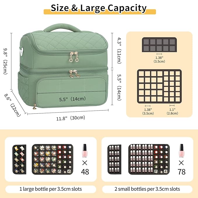 Nail Polish Organizer, Nail Organizers And Storage Bag Holds 48 Bottles & Full Size Nail Lamp, Double Layer Nail Tech Travel Case for Nail Supplies & Manicure Kit & Pedicure Tools (Green, 48 Slots)