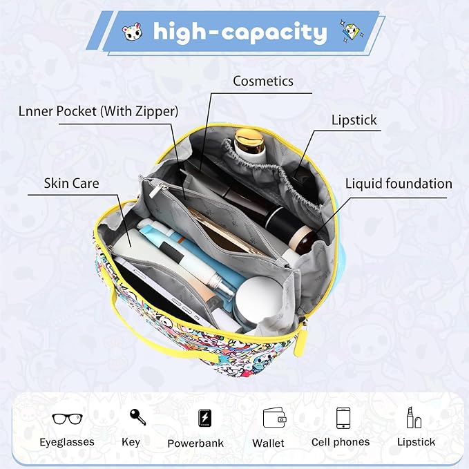 Tokidoki Makeup Bag for Women, Large Capacity Cosmetic Organizer & Toiletry Pouch with Handle, Official Licensed Unicorno Travel Cartoon Portable Makeup Case