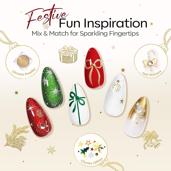 modelones Gel Nail Polish Kit with U V Light, 23 PCS Gel Nail Kit with White Red Cat Eye Green Pink Silver Sparkle Colors Base Top Coat Cuticle Oil Magnet Manicure Tools Stickers Chrome Powder Gift